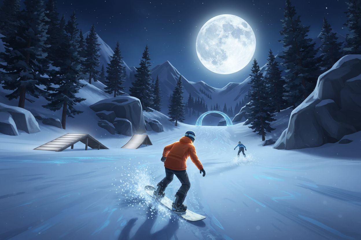 A snowboarder in an orange jacket carving down a moonlit mountain slope past dark pines